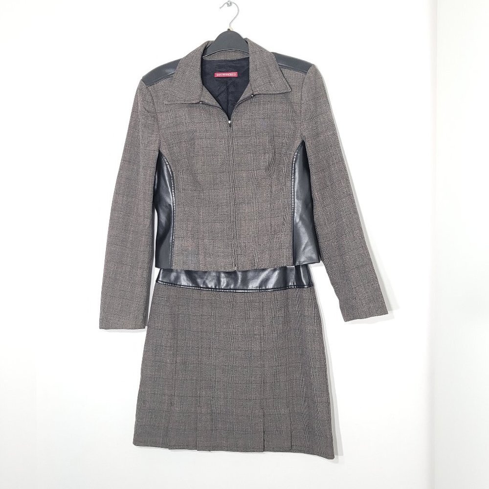 San Francisco Two Piece Plaid Jacket Skirt Suit Set Lined Faux Leather Trim